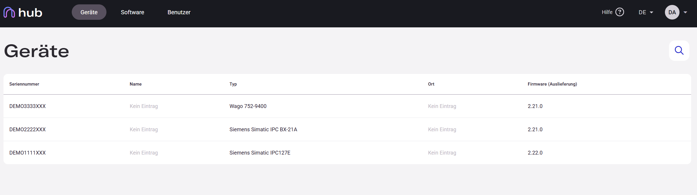 Hub device list showing registered Edge devices