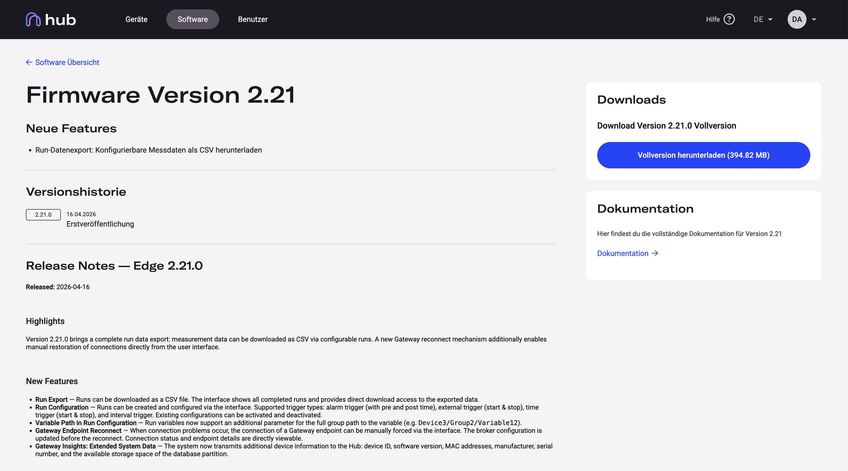Hub software detail page showing highlights, release notes, and download options