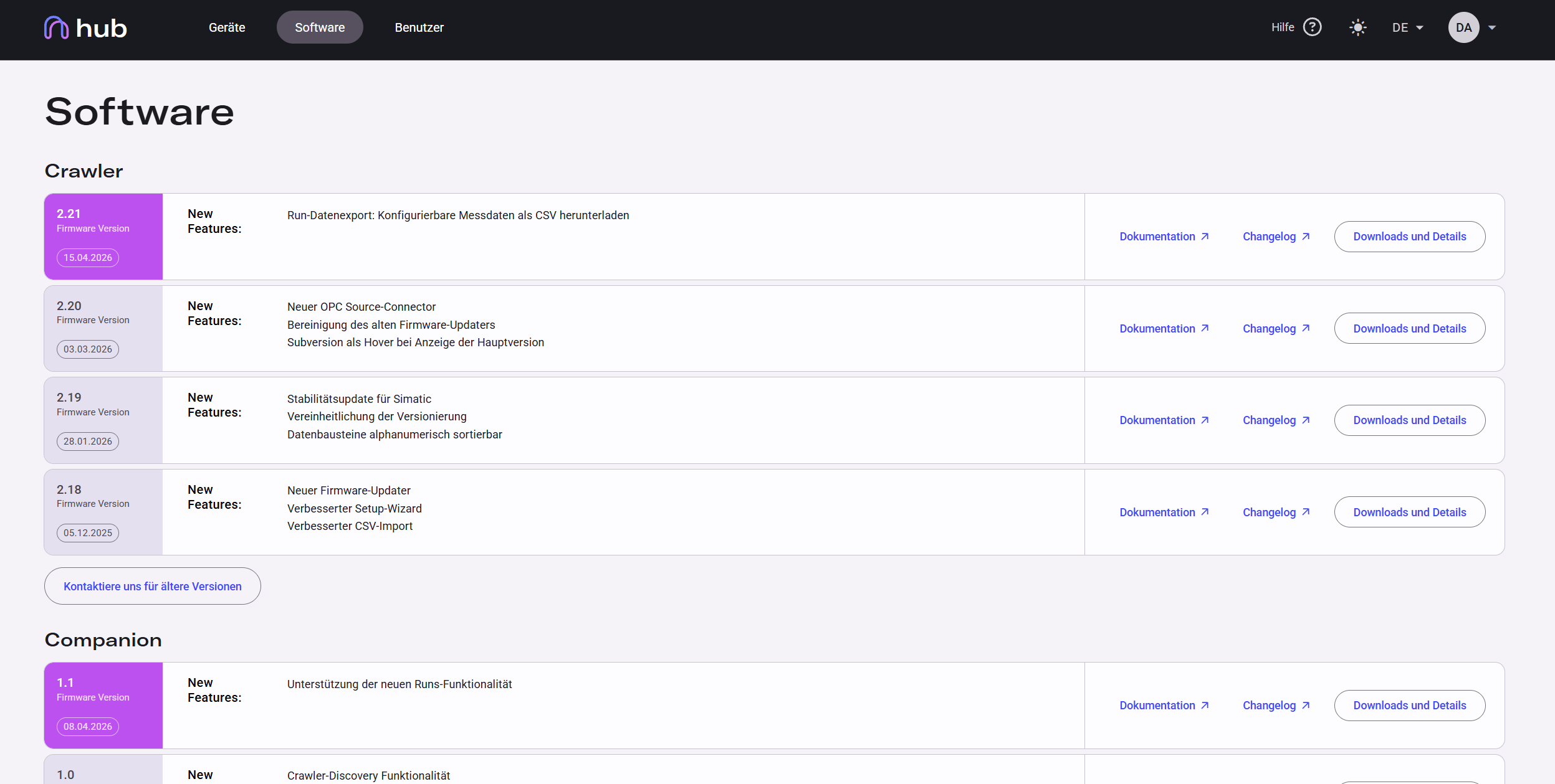 Hub software page showing firmware and Companion App versions