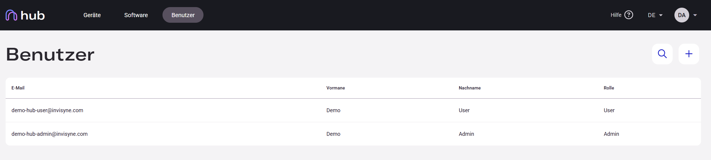 Hub users list showing team members and their roles