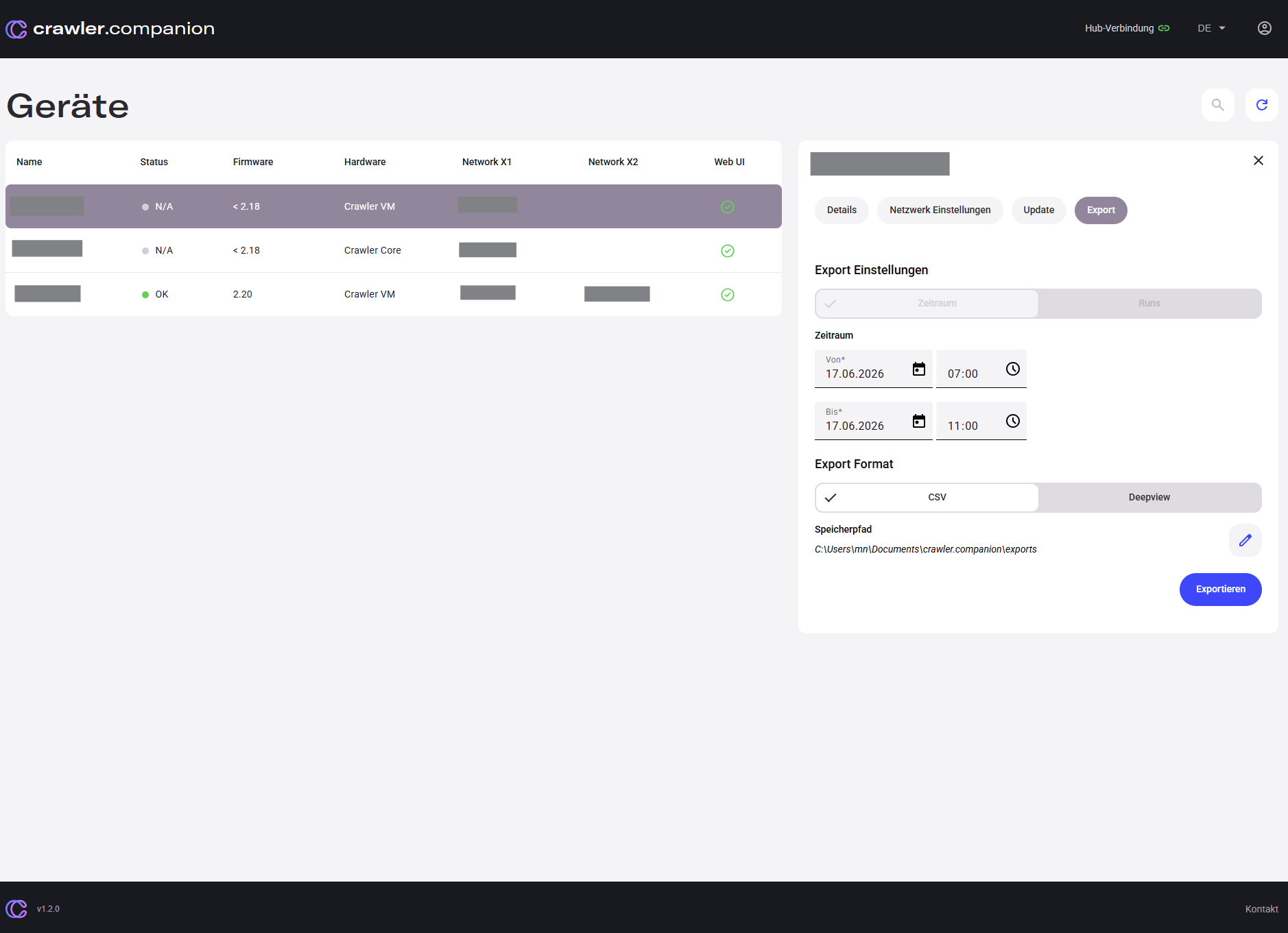 Companion export panel with time period and CSV format selected